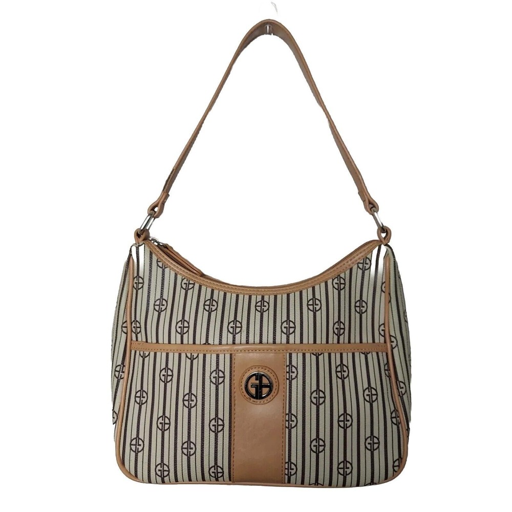 GIANI BERNINI Shoulder Bag Beige Signature Logo Purse Brown Trim Gold Hardware